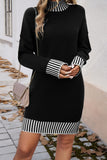 Black Striped Trim Mock Neck Dropped Long Sleeve Sweater Mini Dress