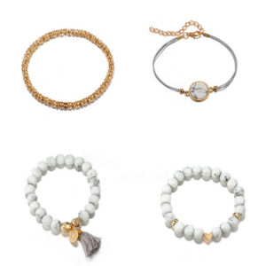 White Bow Knot Heart Shape Faux Pearl Beaded Bracelet Set