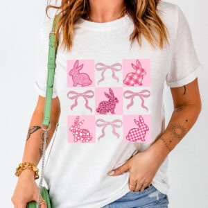 White Bunny Bowknot Graphic Easter Fashion T Shirt