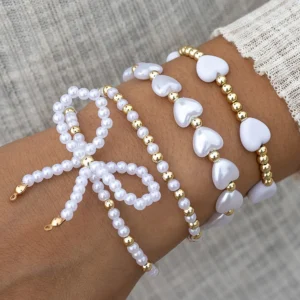 White Bow Knot Heart Shape Faux Pearl Beaded Bracelet Set